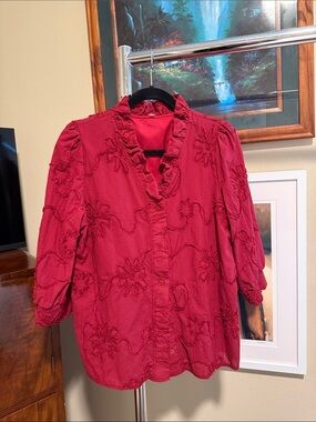 Cherry Betty Embroidered Ruffle-Trim Button-Down Shirt in Berry Red